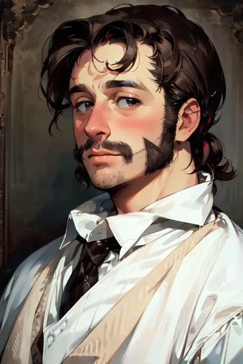 masterpiece, realistic, 8k, (1man:1.3), white shirt, european,(dark brown hair:1.1), <lora:A_Sideburns_Cut_v3:1>(side-burns:1.2), (mutton-chops:1.1), shaved chin,