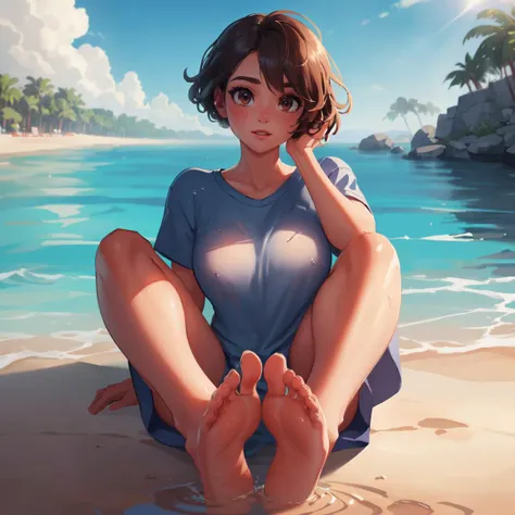 soles, feet to face, resort, sunny, water, soaked, <lora:shirt_tug:1> shirt, naked shirt, shirt tug, <lora:GoodHands-vanilla:1> <lora:eye_opening_v2.0:-1.5> <lora:BetterFeet:1>, (epic composition, best quality, 16k, 8k, ultra highres, absurdres, highres, d...