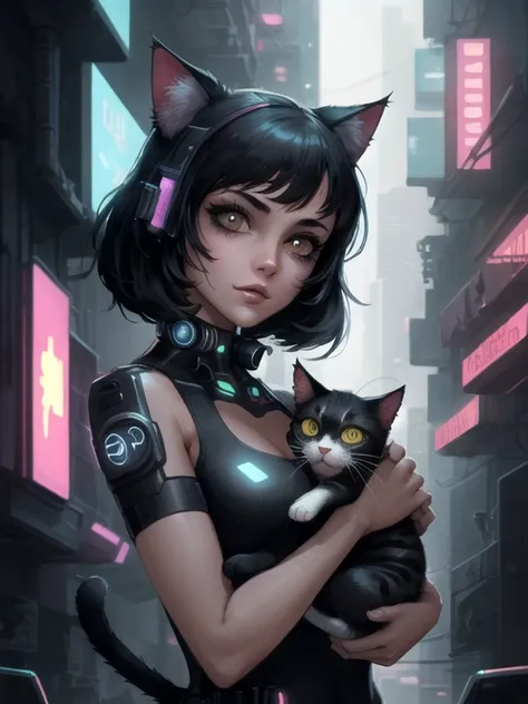 close-up, a girl holding a cat, midnight, cyberpunk city