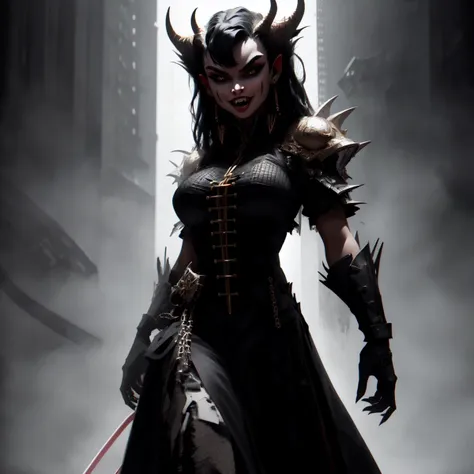 a woman in a black dress with horns and a sword