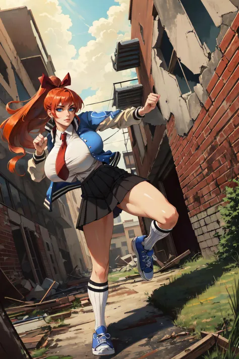 anime girl in a school uniform running down a street