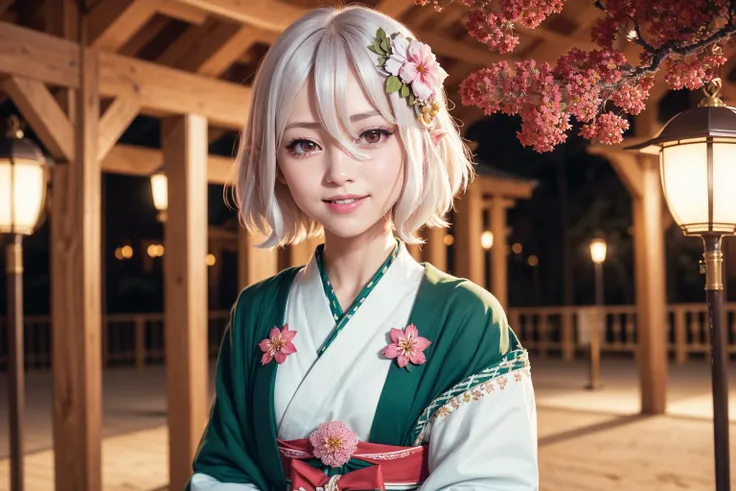 detailed high quality masterpiece photograph of a girl with white hair in a japanese garden at night, 1girl, night, lantern light, outdoors, blush, closed mouth, flower, green kimono, hair between eyes, hair flower, hair ornament, japanese clothes, kimono,...