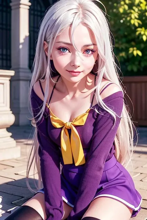 masterpiece photograph of a young and delicate girl with white hair playing chess outside, ngnl background, medieval castle entrance, outdoors, (extremely detailed eyes, beautiful and delicate face), (photorealistic:1.4), Shiro, shiro (no game no life), No...