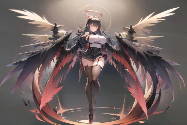 masterpiece, best quality, 1girl, black garter belt, black gloves, black hair, black serafuku, black thighhighs, black wings, blush, breasts, feathered wings, garter belt, gloves, hair between eyes, halo, large breasts, looking at viewer, mole, mole under ...