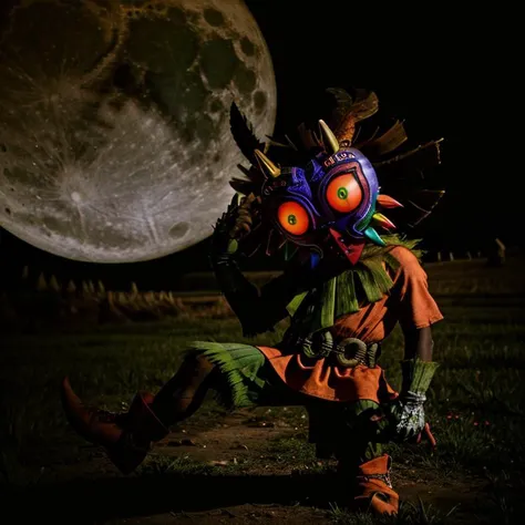 photo of skull kid wearing majoras mask and (dancing:1.2), Majora_Zelda, solo, 1boy, mask, horns, (glowing:1.1), curious (head tilt:1.2), magic, the moon is close, 16k photo of the angry moon with a creepy face, (hyperdetailed analog photograph:1.3), male ...