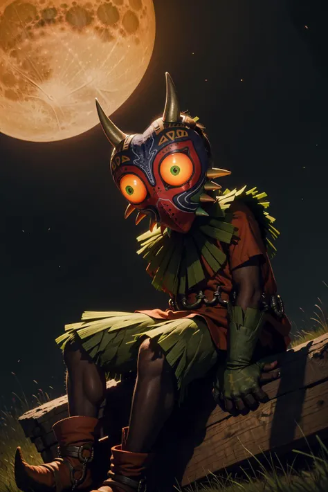 ((masterpiece,best quality)), absurdres, <lora:Majora_Zelda:0.8>, Majora_Zelda, solo, 1boy, mask, horns, glowing eyes, looking at viewer, male focus, outdoors, sky, tree, no humans, night, moon, night sky, full moon, fairy,