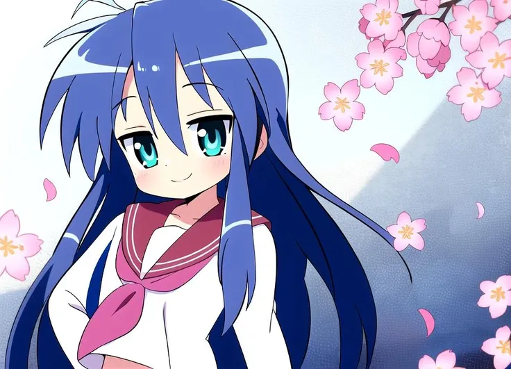 (best quality, high quality:1.2), (absurdres, masterpiece), (perfect face, perfect eyes), 1girl, ((cowboy shot:1.1)), character in background, far_away, wide shot, lucky star, konata izumi, flat chest, narrow waist, small hands, standing, smile, happy, sch...