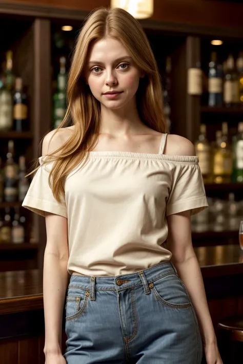 <lora:kawaii7.1.3_obj20:0.75:0.25>, European woman, closeup, sandals, (shirt), pants, (at a bar), ZM_melissa, wide shoulders, perfect face, (contact iris: 1.1), pale skin, skin pores , depth of field