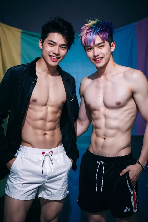 Two 23-year-old guys stand shirtless against a velvet backdrop, their confidence shining bright. Their rainbow-colored hair and matching shorts make a bold statement of pride and individuality. With a carefree vibe and big smiles, they embody the joy of be...