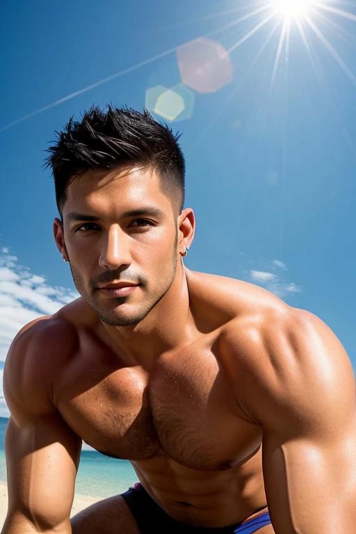 photo, full color, commercial quality portrait, 35mm camera, male model, ((age 36)), latin ethnicity, full-body view, ((shot from below)), broad shoulders, athletic physique, tanned skin, dark eyes, black hair, spiked haircut, kneeling standing, bulging le...