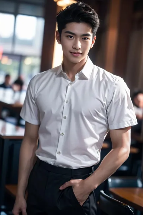 (1man), Asian, young (male:1.5), grey eyes, slender eyes, smile, (((boy in very short hair:1.3))), under_cut, Pompadour, ((formal)), ((handsome, sharp, wild facial features)), (robust muscular body), (robust physique), bokeh, in restaurant, peoples in the ...