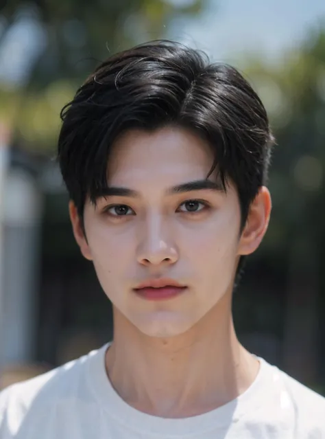 Raw photo, portrait of an Asian man, Asian, young (male:1.5), grey eyes, slender eyes, detailed eyes, smile, (((boy in very short hair:1.3))), under_cut, Pompadour, skinny T-shirt, ((handsome, sharp, wild facial features)), (robust muscular body), (robust ...
