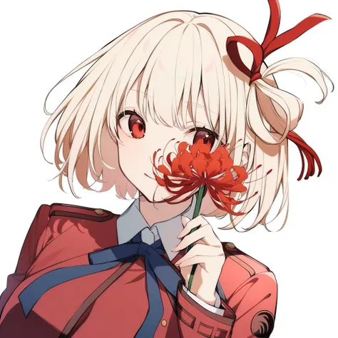 <lora:ly4dim:1>,1girl,nishikigi chisato,solo,upper body,holding flower,spider lily,lycoris uniform,white background,two-tone dress,blue ribbon,looking at viewer,simple background,neck ribbon,red flower,long sleeves,collared shirt,white shirt,red dress,grey...