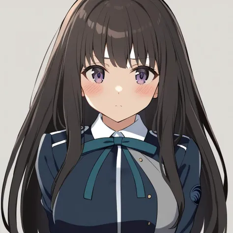 <lora:ly4dim:1>,1girl, inoue takina, solo, lycoris uniform, two-tone dress, pleated dress, grey dress, blue dress, dress, blue belt, looking at viewer, white background, simple background, belt, closed mouth, school uniform, long sleeves, blush, neck ribbo...