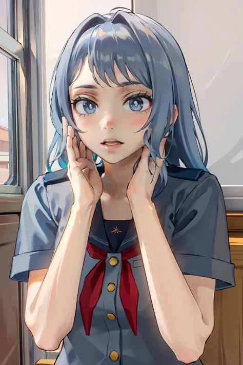 <lora:hadou_nejire:0.9> bbnejire, blue eyes, blue hair, (long hair:1.2), large breasts, u.a. school uniform, (gray vest:1.3), red necktie, collared shirt, white shirt, short sleeves, green skirt, blue skirt, (black socks:1.2), loafers,  <lora:yandere_style...