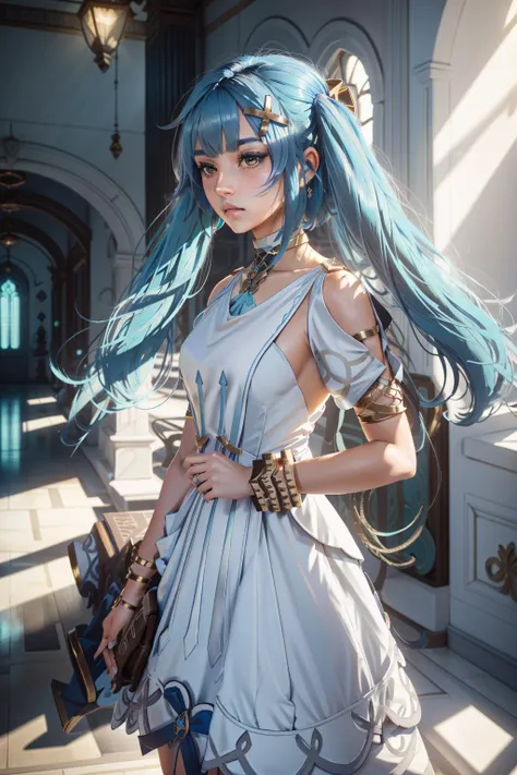 fls,def clothe,blue hair,jewelry,bracelet,twintails,long hair,hair ornament,bangs,((brown eyes)) <lora:fls-v100:0.7>dress,, 1girl in full growth, best quality, masterpiece, ultra-detailed, high quality, perfect nose, highly detailed skin, warm skin tone, d...