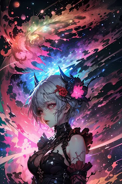 (Destroyed Painting:1.3) of <lora:bomu-v100:.65> 1girl, breasts, bomu, rita rossweisse, short hair, (horns:1.1), hands, gloves, hair ornament, (flower:1.1), bare shoulders (nebula background:1.2), (glowing:1.3) (pale skin:1.2), butterflies, glowing wings,,...