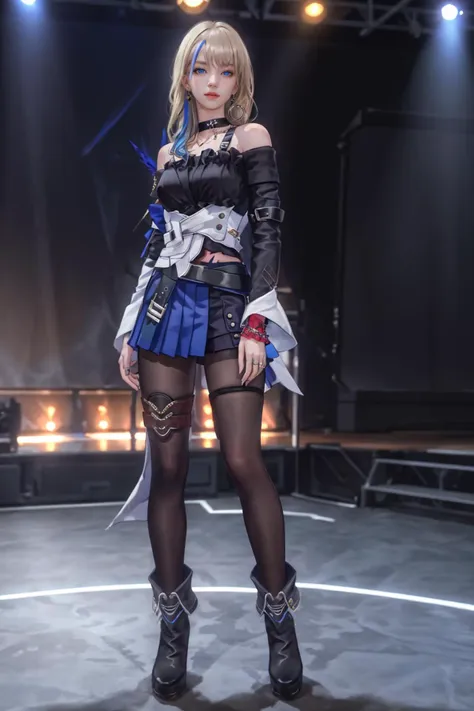 a woman in a short skirt and boots standing on a stage