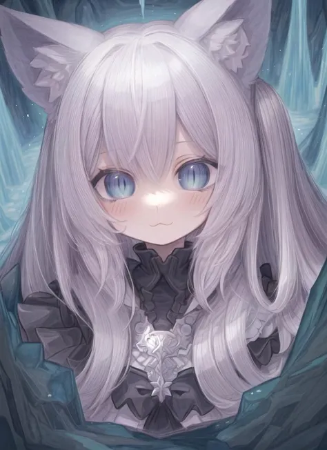 ((best quality)), ((highly detailed)), masterpiece, detailed face, beautiful face, (detailed eyes, deep eyes), (1girl), upper body, <lora:hairdetailer:1>, cat girl, cat ears, cat tail, :3, <lora:slit-pupils:1>, snake eyes, (at a dark ice cavern, stalagmite...