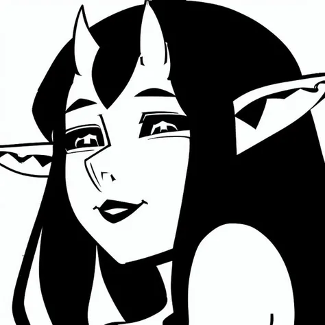 masterpiece,  telepurte, <lora:Telepurte-63:1>,
Telepurte, 1girl, solo, looking at viewer, simple background, white background, smile, monochrome, greyscale, parted lips, horns, pointy ears, portrait, colored sclera, black sclera