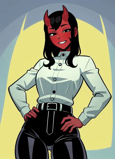 masterpiece,  telepurte, <lora:Telepurte-63:1>,  1girl, solo, cowboy shot, black pants, white blouse, long sleeves, buttons, belt, (tight), hands on hips, devil horns, grin, red skin, black eyes