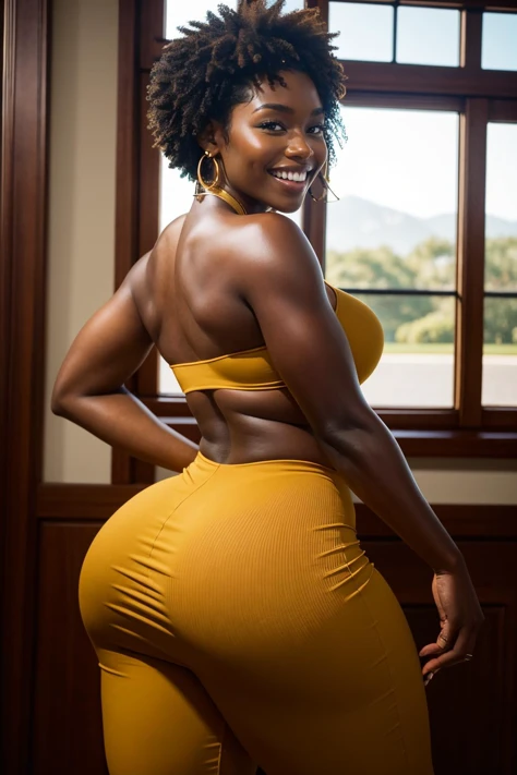 melanin, a woman, [cleavage|curvy|big ass] <lora:melanin:1>, smiling