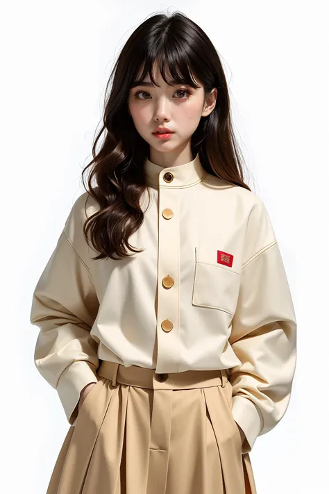 Korean fashion model with retro wavy oily hair, wearing fashionable design clothes, Korean girl looking frontally at the camera, without makeup highlighting the texture and pores of facial skin, full color picture, off-white solid color background