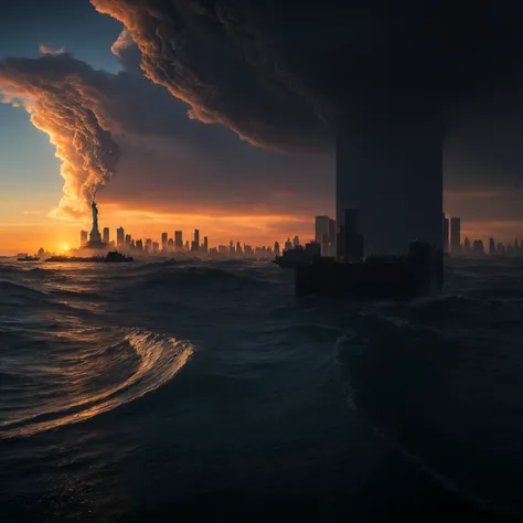 long shot scenic professional photograph of As the apocalypse unfolds, the sea rises like a voracious beast, swallowing the earth whole. Cities once bustling with life now lie submerged beneath relentless tides, their towering structures reduced to mere sh...