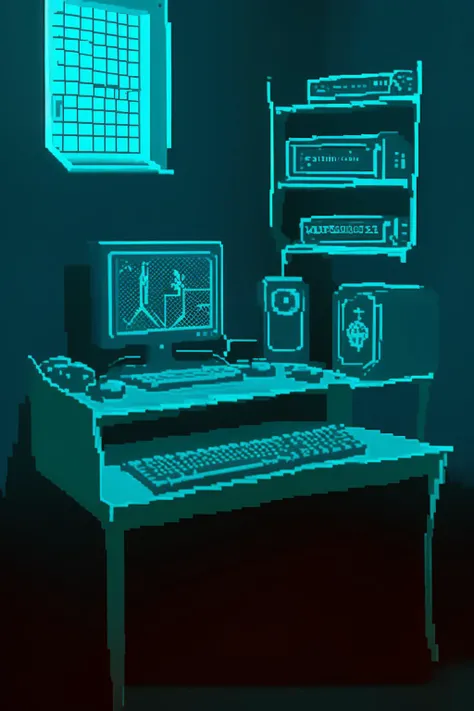 breathtaking old computer on table, 80s, <hypernet:stippleWeave_v10:1> pixelart, grid, mesh grid, masterpiece, award-winning, professional, highly detailed