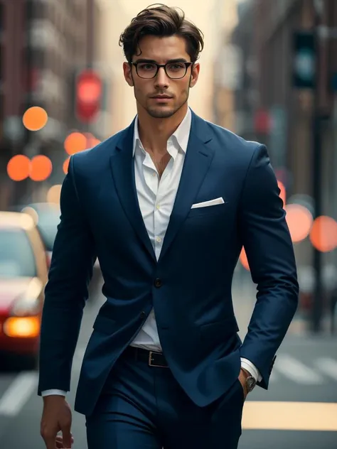 Ultra Realistic Concept Photo of a handsome brunette man, Beautiful European man in glasses and shirt and (trousers), 1man, solo, manly, muscular, sexy, (arrogant mocking look), male model, straight nose, symmetrical face, perfect jawline, male focus, big ...