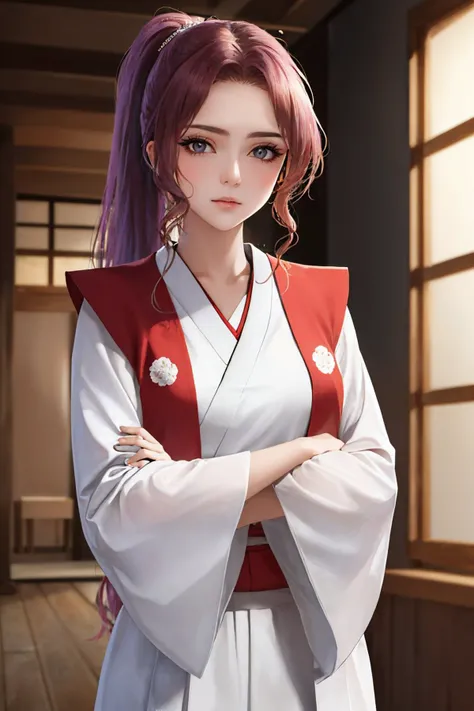 (masterpiece, best quality:1.2), solo, 1girl, tpmeira, expressionless, looking at viewer, crossed arms, ponytail, hair ribbon, japanese clothes, kimono, wide sleeves <lora:touhou_meira:1.0>