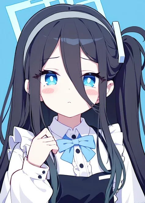 anime girl with long black hair and blue eyes wearing a white shirt