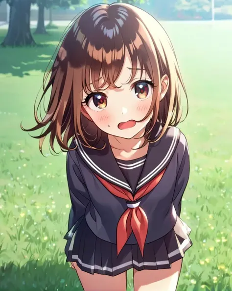 anime girl in a school uniform standing in a field