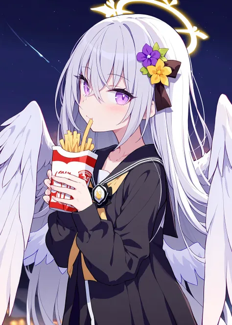 anime girl with wings holding a cup of fries and a drink