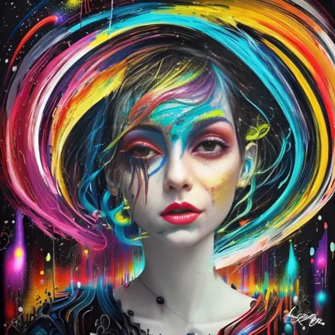 a painting of a woman with colorful hair and makeup