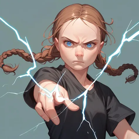 a close up of a person pointing at something with a lightning bolt