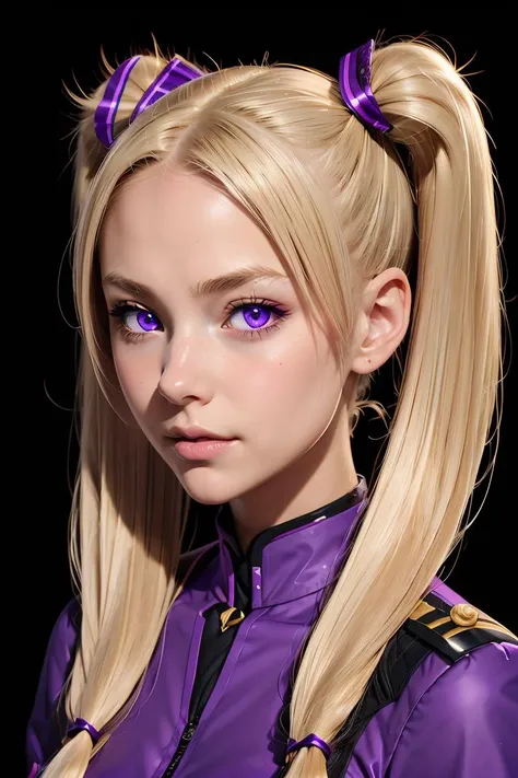 a close up of a woman with blonde hair and purple eyes