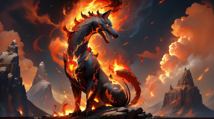 a dragon with a fire tail standing on a rock in front of a mountain