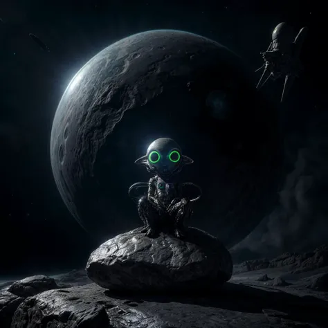 cute alien with big eyes sits on a rock watching a space ship land,((space ship in background)),masterpiece,highest quality,<lora:more_details:0.8>,cg,alien biosphere,<lora:universe_lora:0.4>,