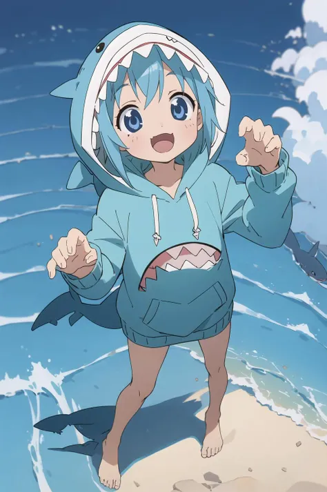 1 girl, anime, <lora:lucky_star_offset:1> ,shark,cute, kawaii, girl, shark hoodie, light smile,from above, paw pose, gawr, opened mouth