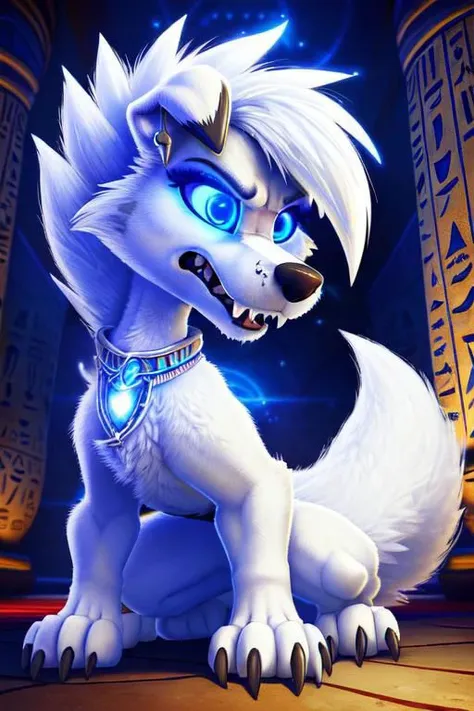 a white wolf with blue eyes sitting on a floor