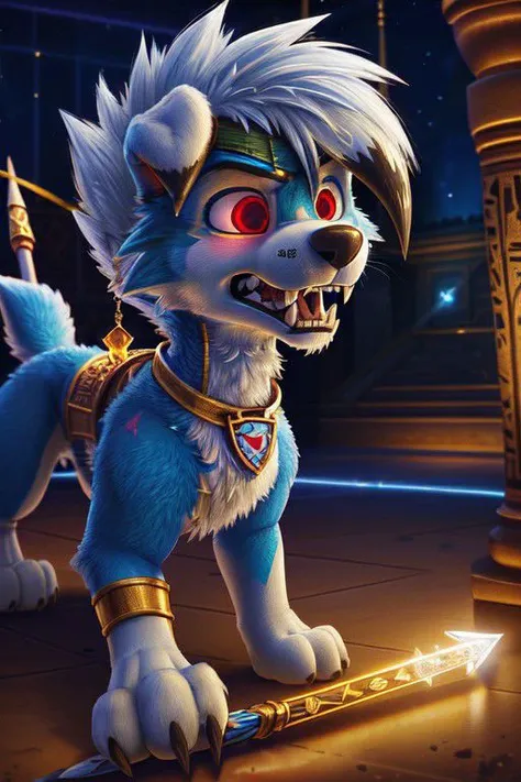 a cartoon dog with a sword and a glowing sword in its mouth