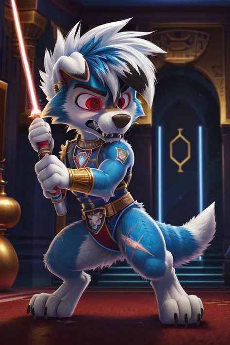 a cartoon dog with a sword in his hand and a light saber