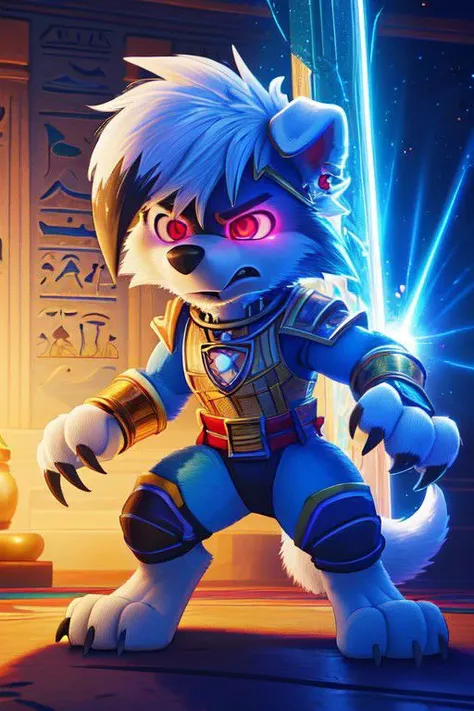 a cat in a costume with glowing eyes and a sword