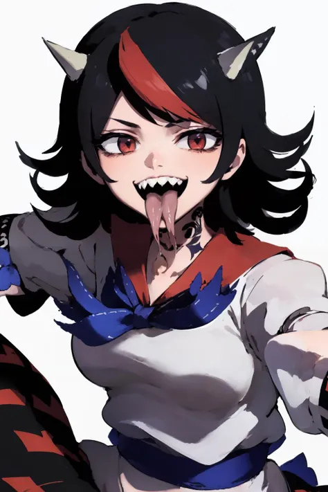 anime girl with a demon like face and a red and black outfit