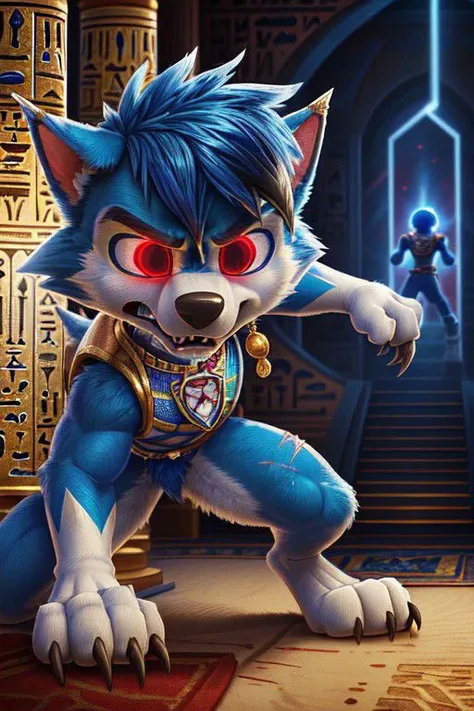 a cartoon wolf with red eyes and blue hair in front of a egyptian temple