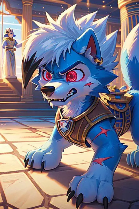 a close up of a furry animal with red eyes and a sword