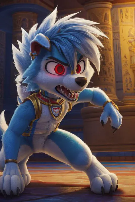 a cartoon wolf with red eyes and a white fur coat