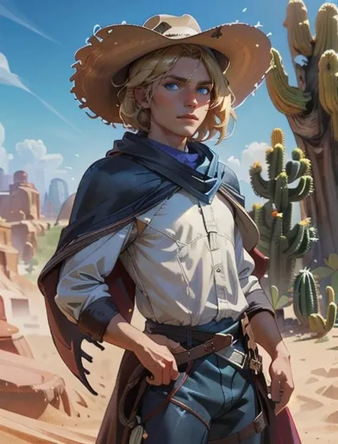 a woman in a cowboy outfit standing in front of a cactus