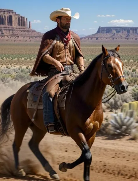 cowboy riding a horse in the desert with a desert landscape in the background